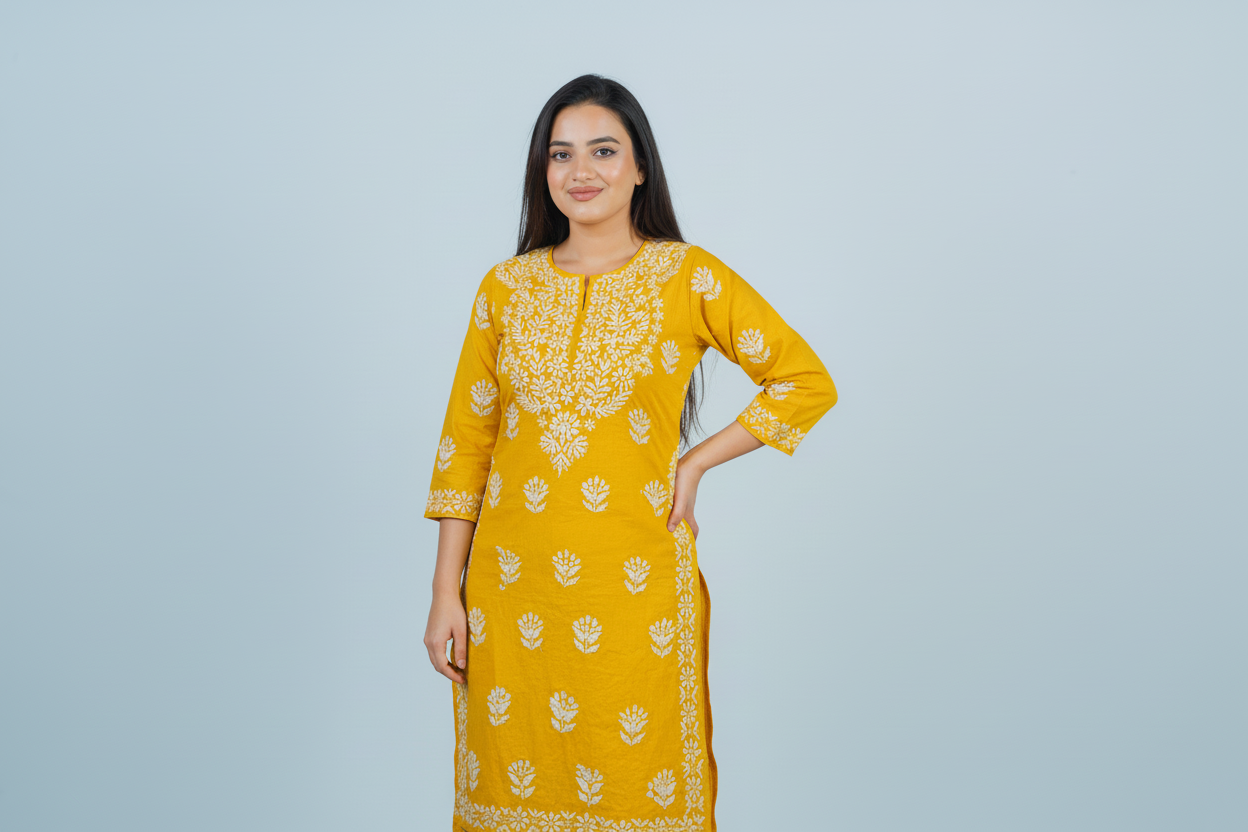 Modal Bright Yellow Handcrafted Kurti
