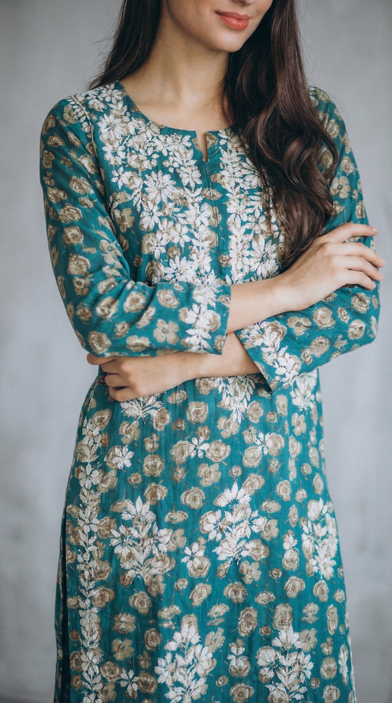 Green Floral Print Mulmul Plazo Set