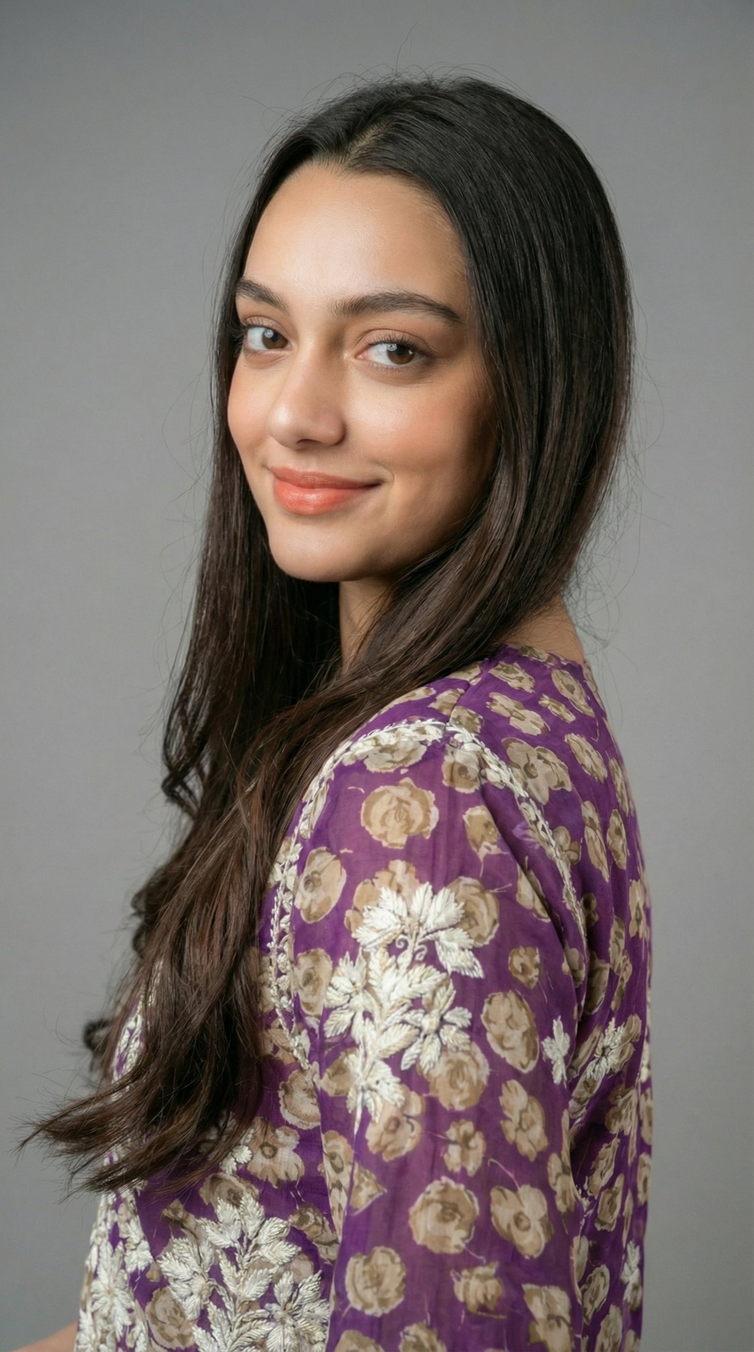 Purple Floral Print Mulmul Plazo Set