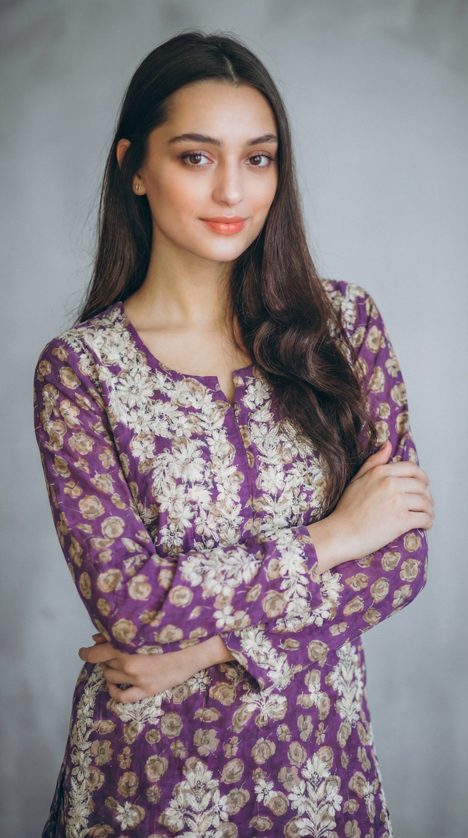 Purple Floral Print Mulmul Plazo Set