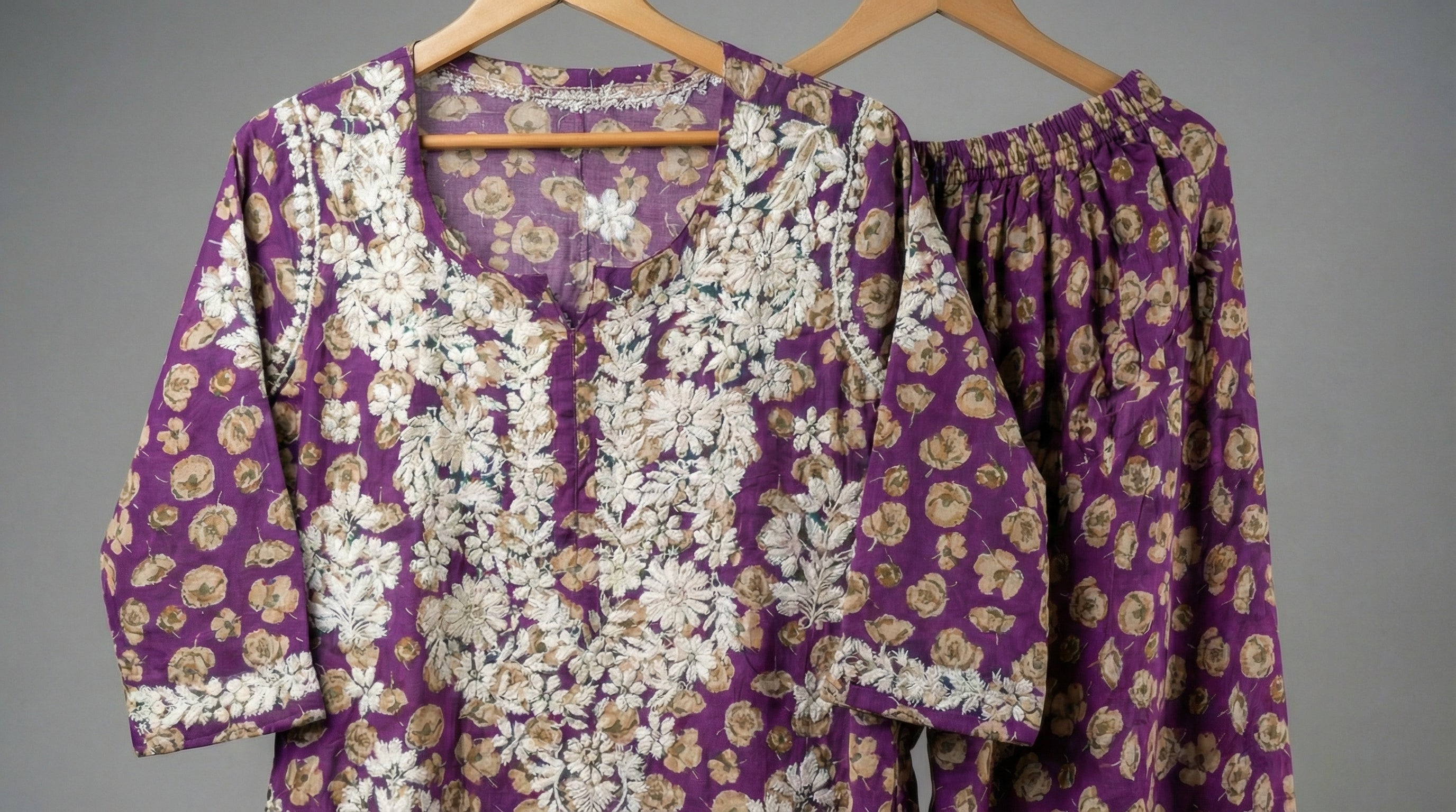 Purple Floral Print Mulmul Plazo Set
