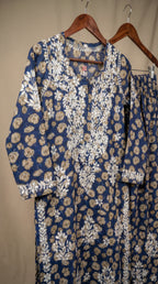 Blue Floral Print Mulmul Plazo Set