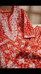 Orange Floral Print Mulmul Plazo Set