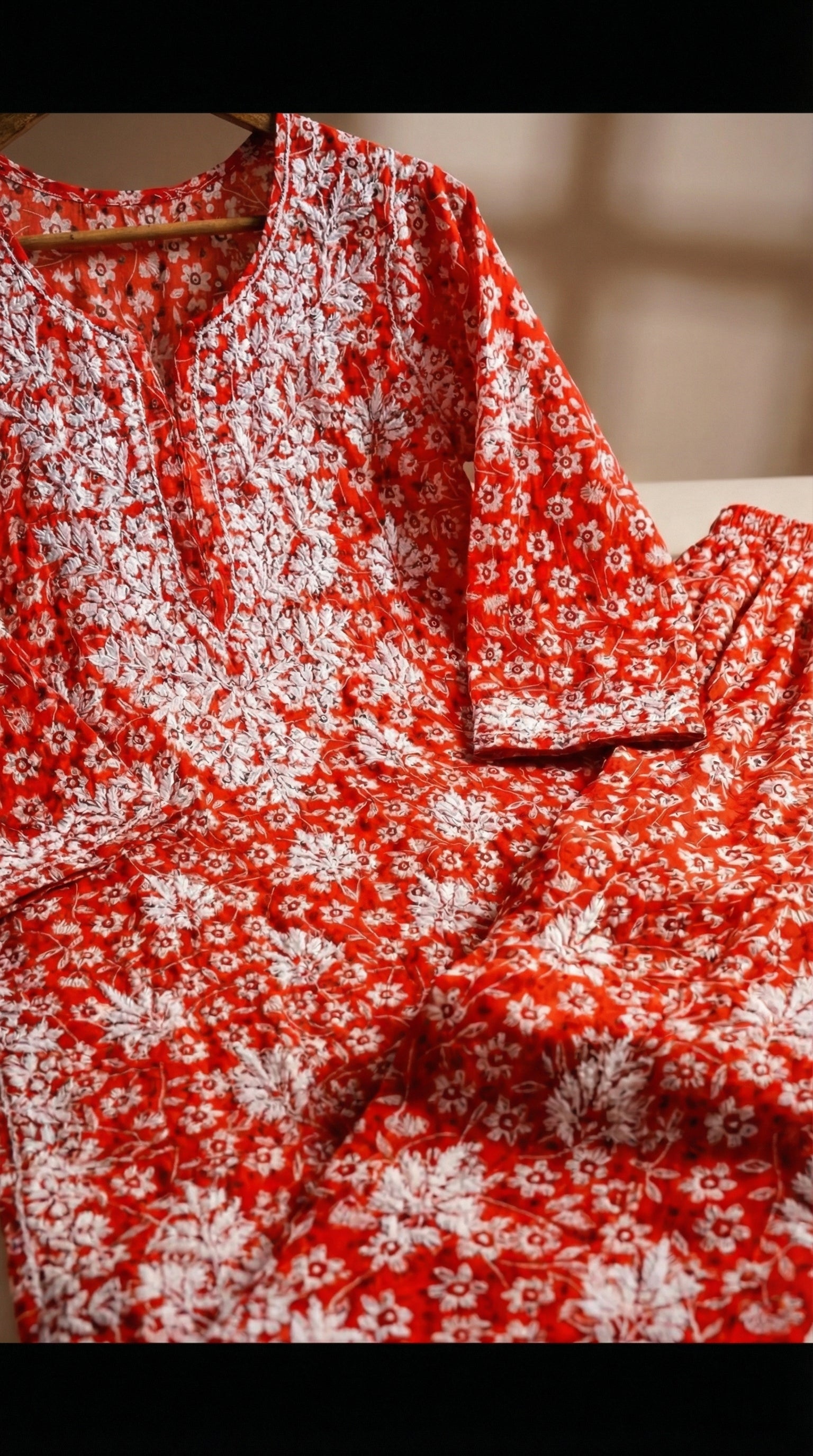 Orange Floral Print Mulmul Plazo Set