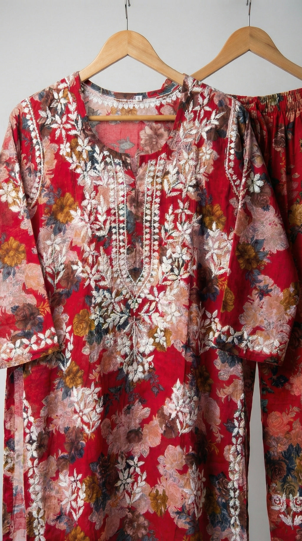 Red Floral Print Mulmul Plazo Set