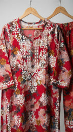 Red Floral Print Mulmul Plazo Set