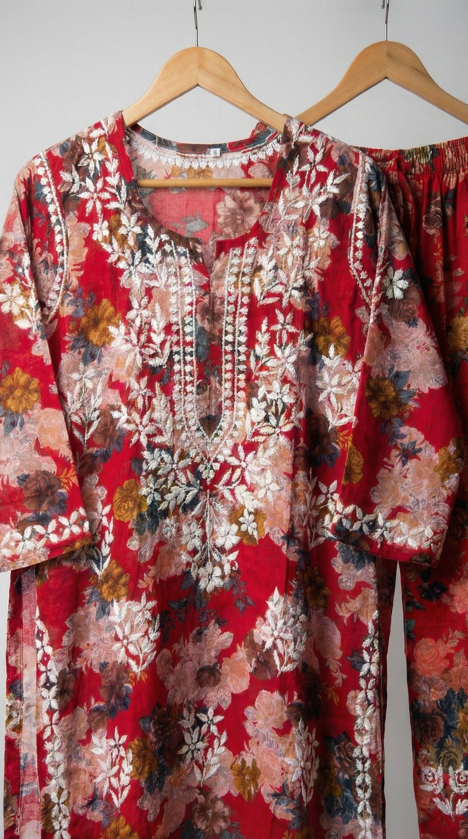 Red Floral Print Mulmul Plazo Set