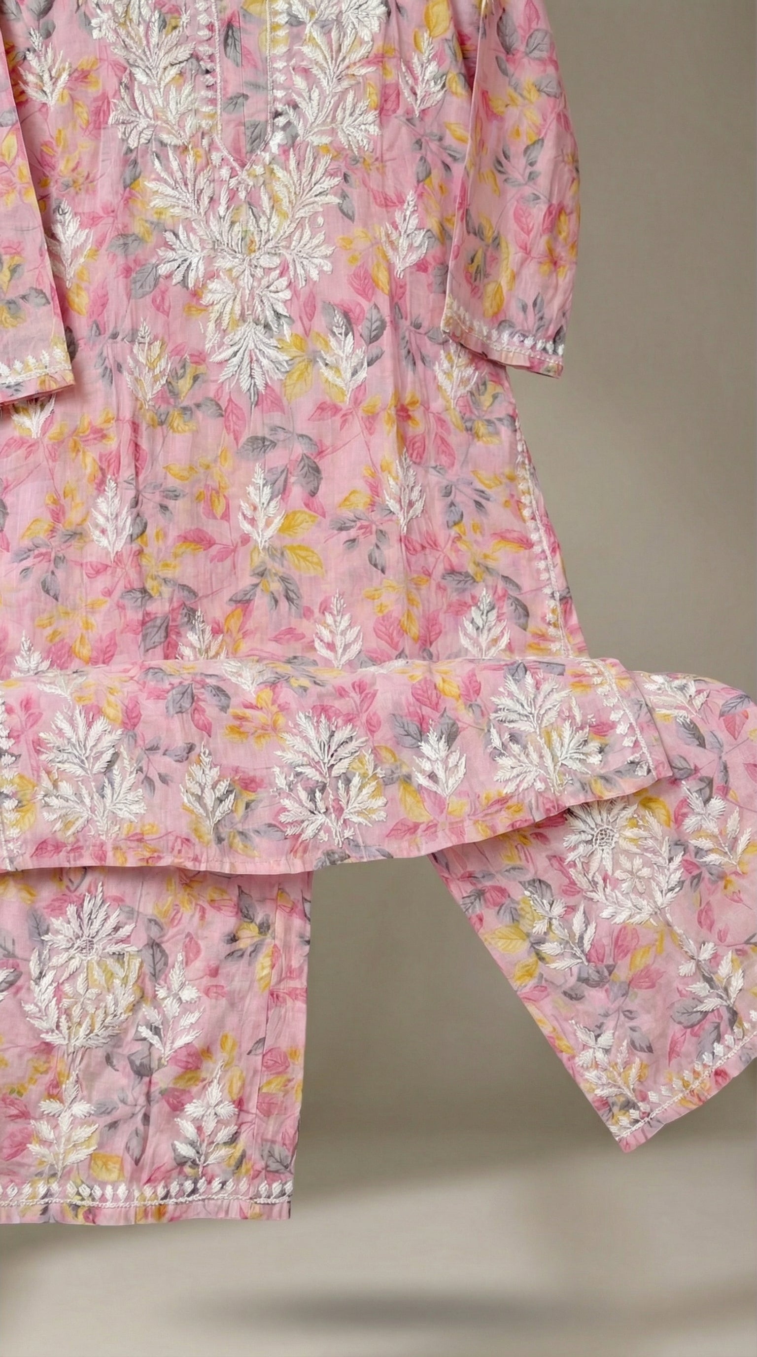 Light Pink Floral Print Mulmul Plazo Set