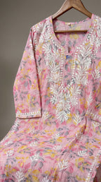 Light Pink Floral Print Mulmul Plazo Set