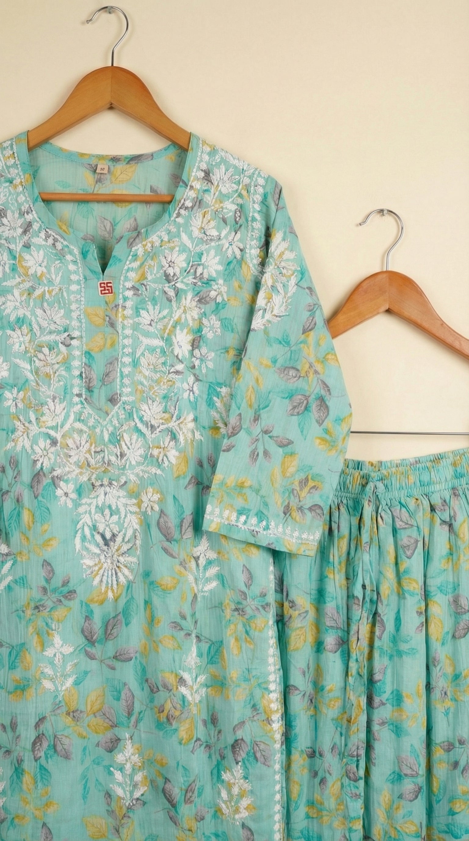 Sea Green Floral Print Mulmul Plazo Set