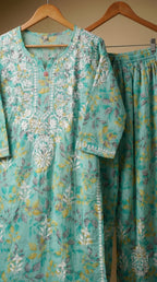 Sea Green Floral Print Mulmul Plazo Set