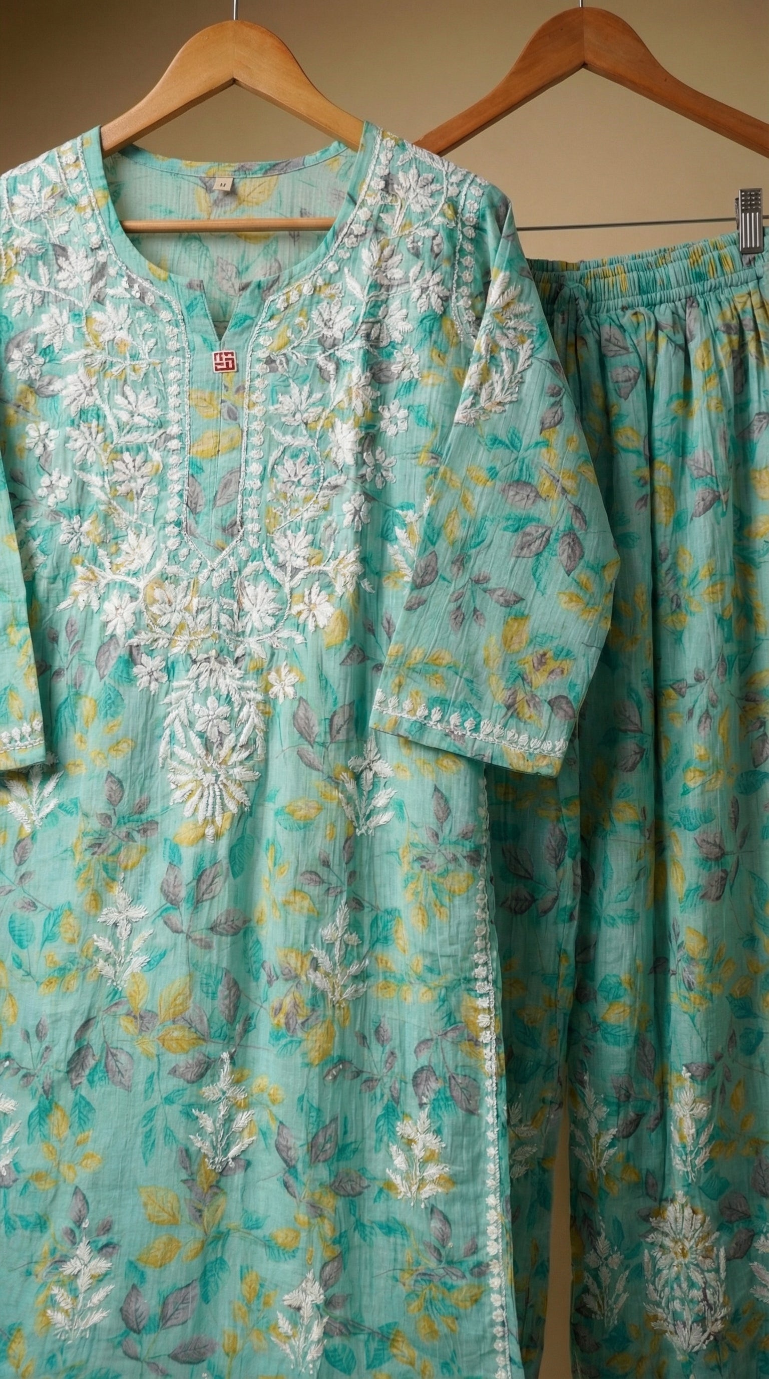 Sea Green Floral Print Mulmul Plazo Set