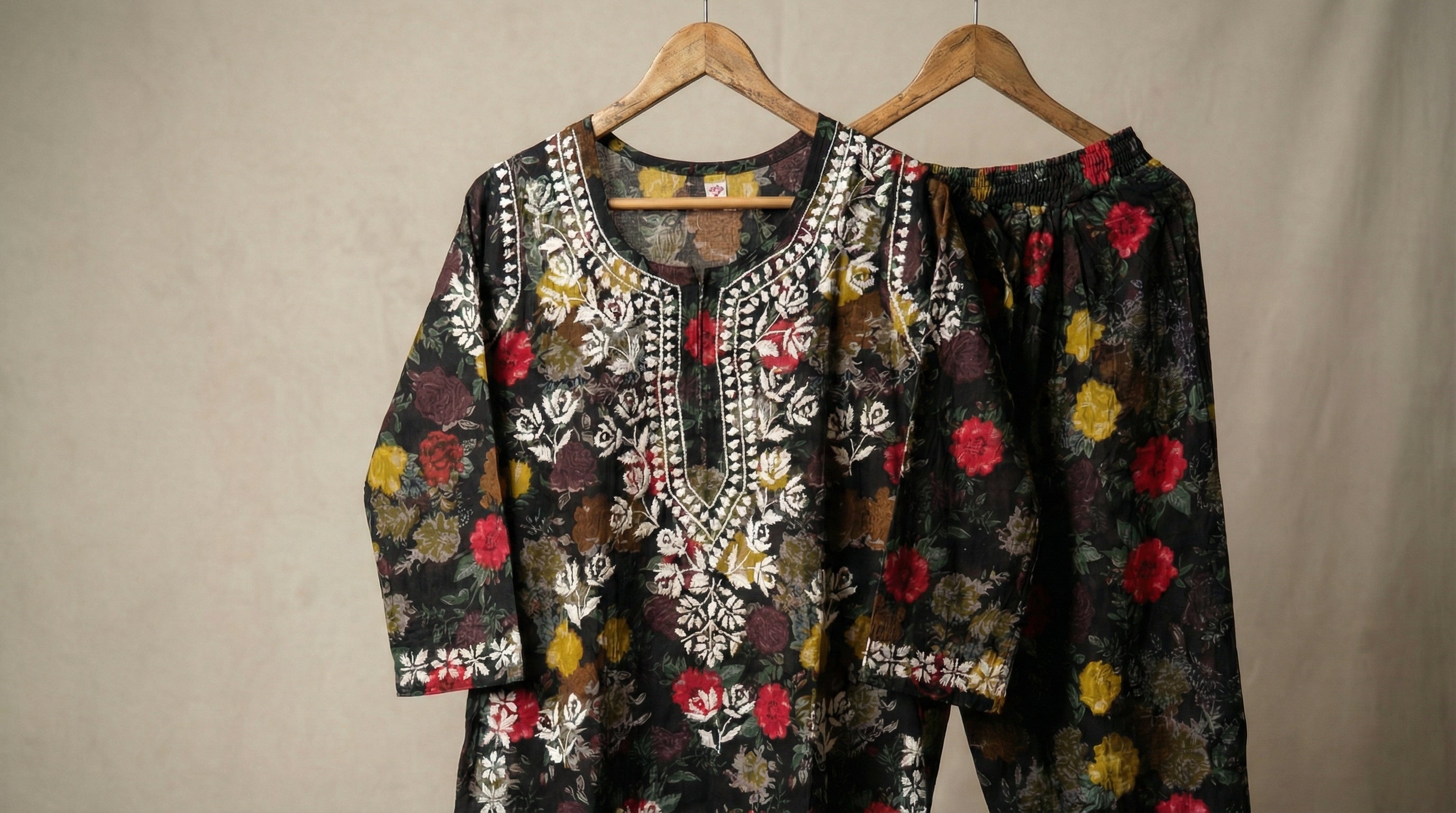Black Floral Print Mulmul Plazo Set