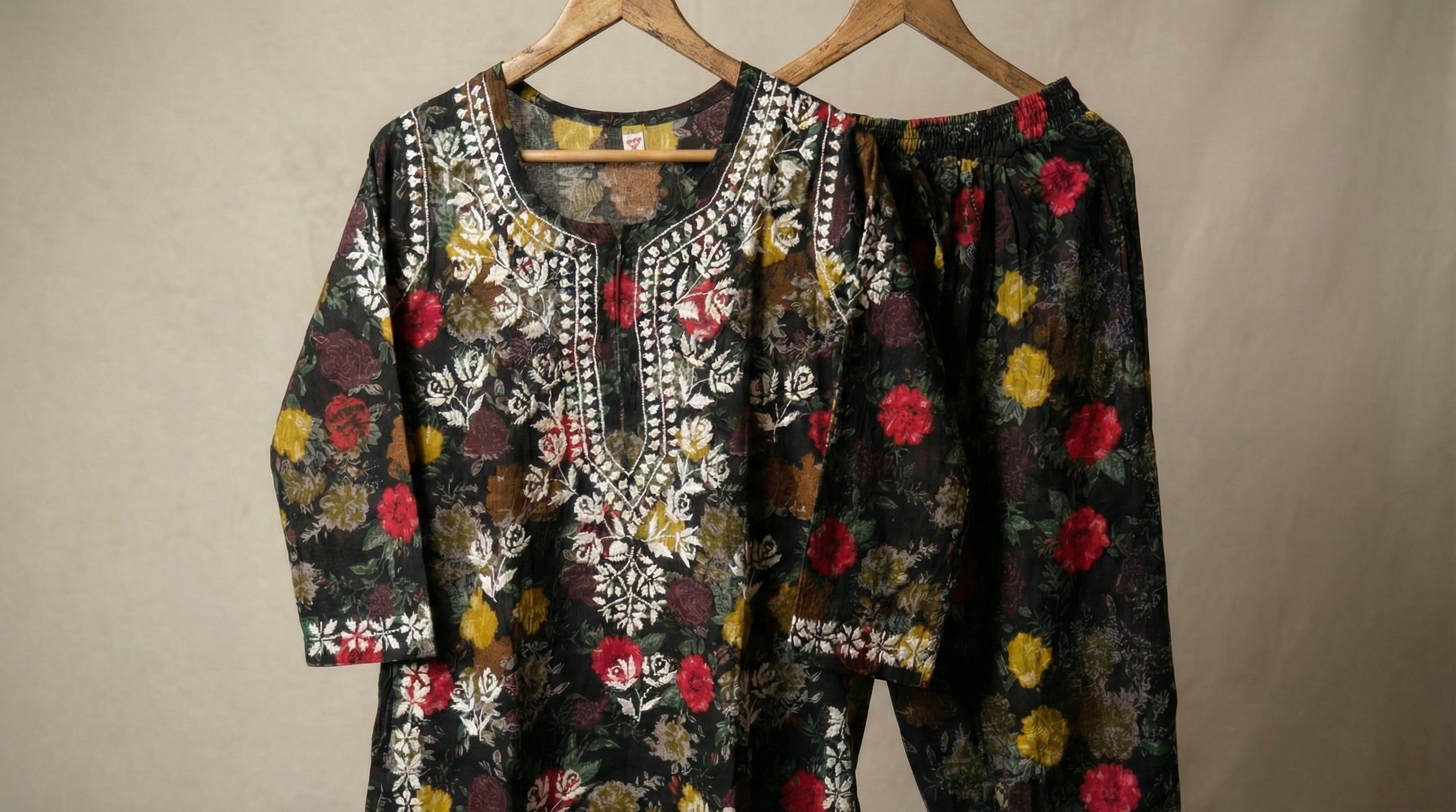 Black Floral Print Mulmul Plazo Set