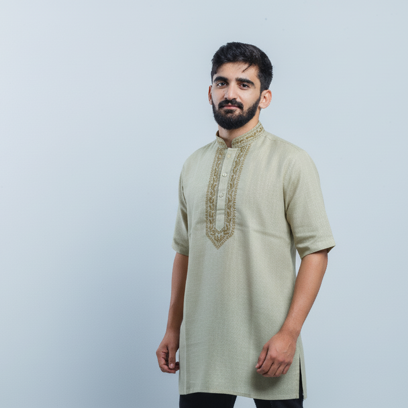 Men's Short Kurta - Sage Beige