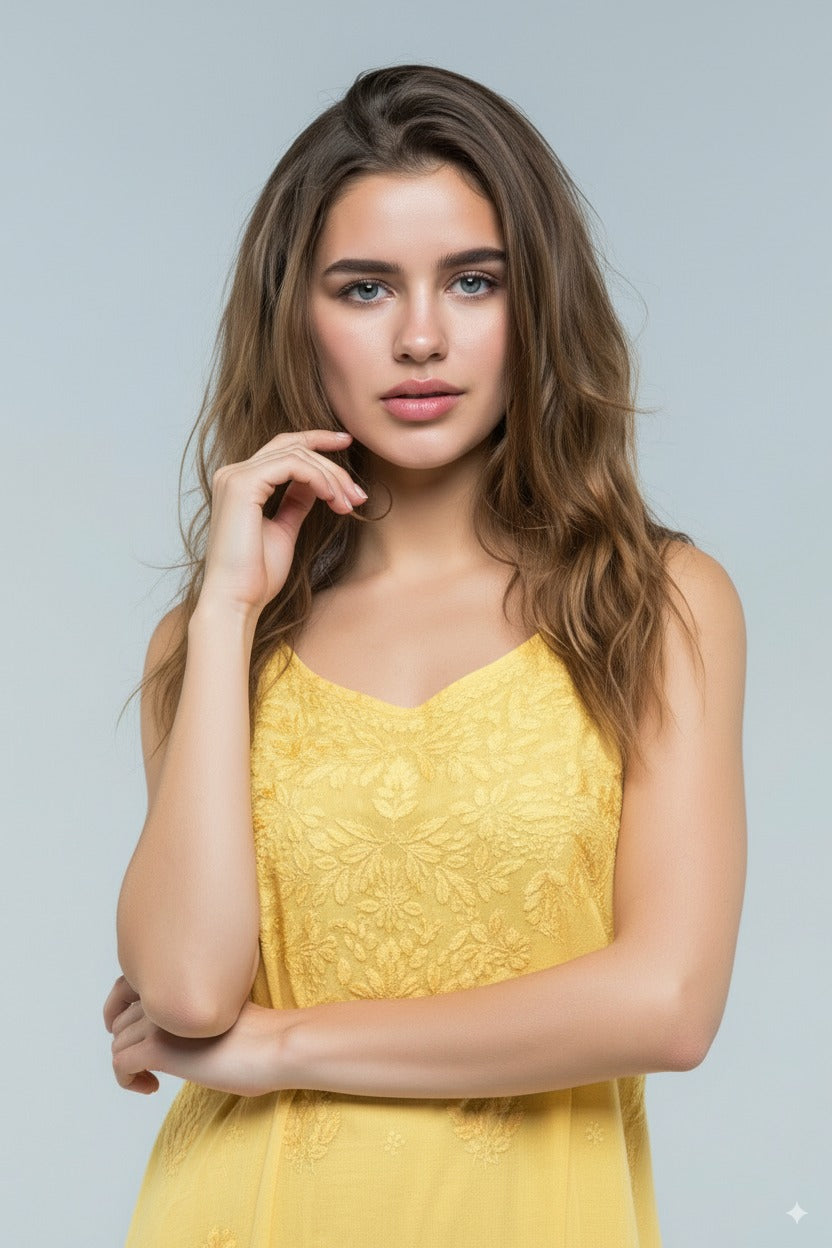 Chikankari Canary Yellow Noodle Strip Top