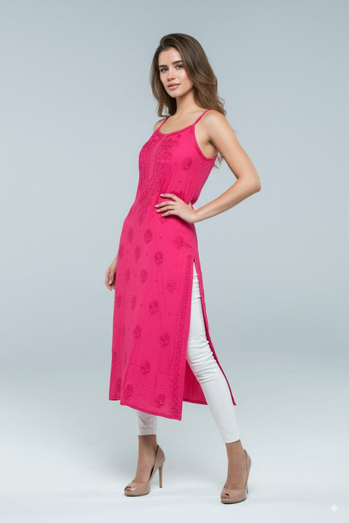 Chikankari Hot Pink Noodle Strip Top