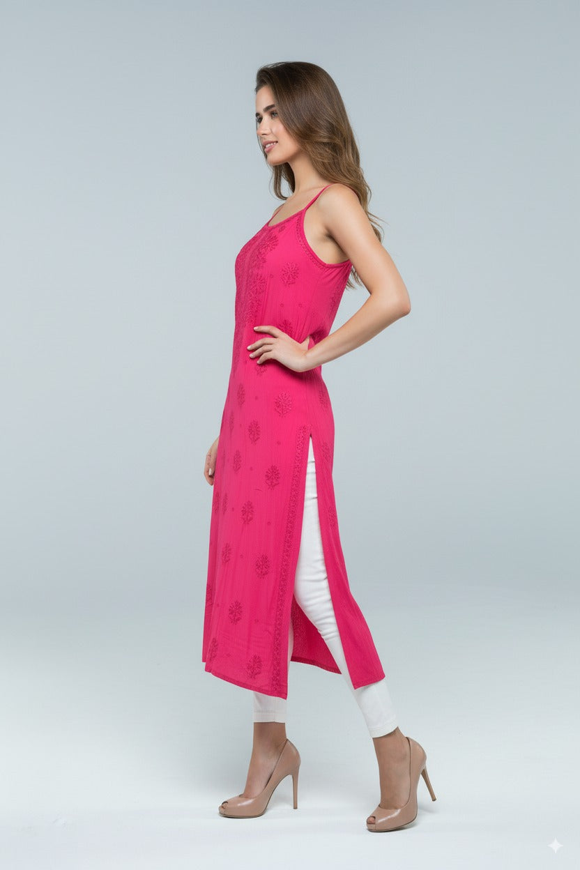 Chikankari Hot Pink Noodle Strip Top