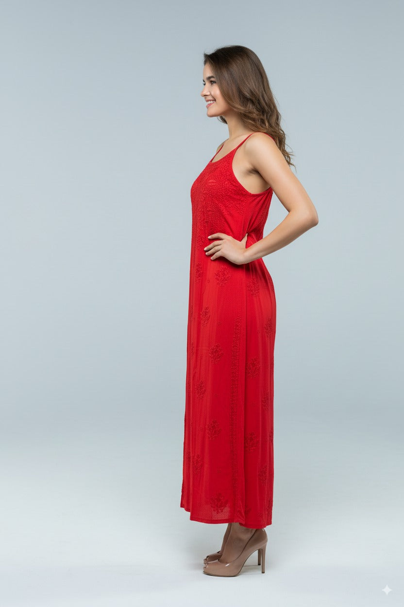 Chikankari Cherry Red Noodle Strip Top