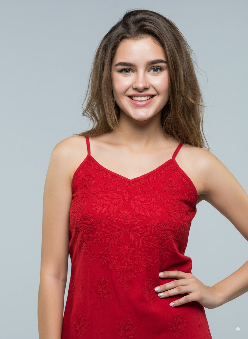Chikankari Cherry Red Noodle Strip Top