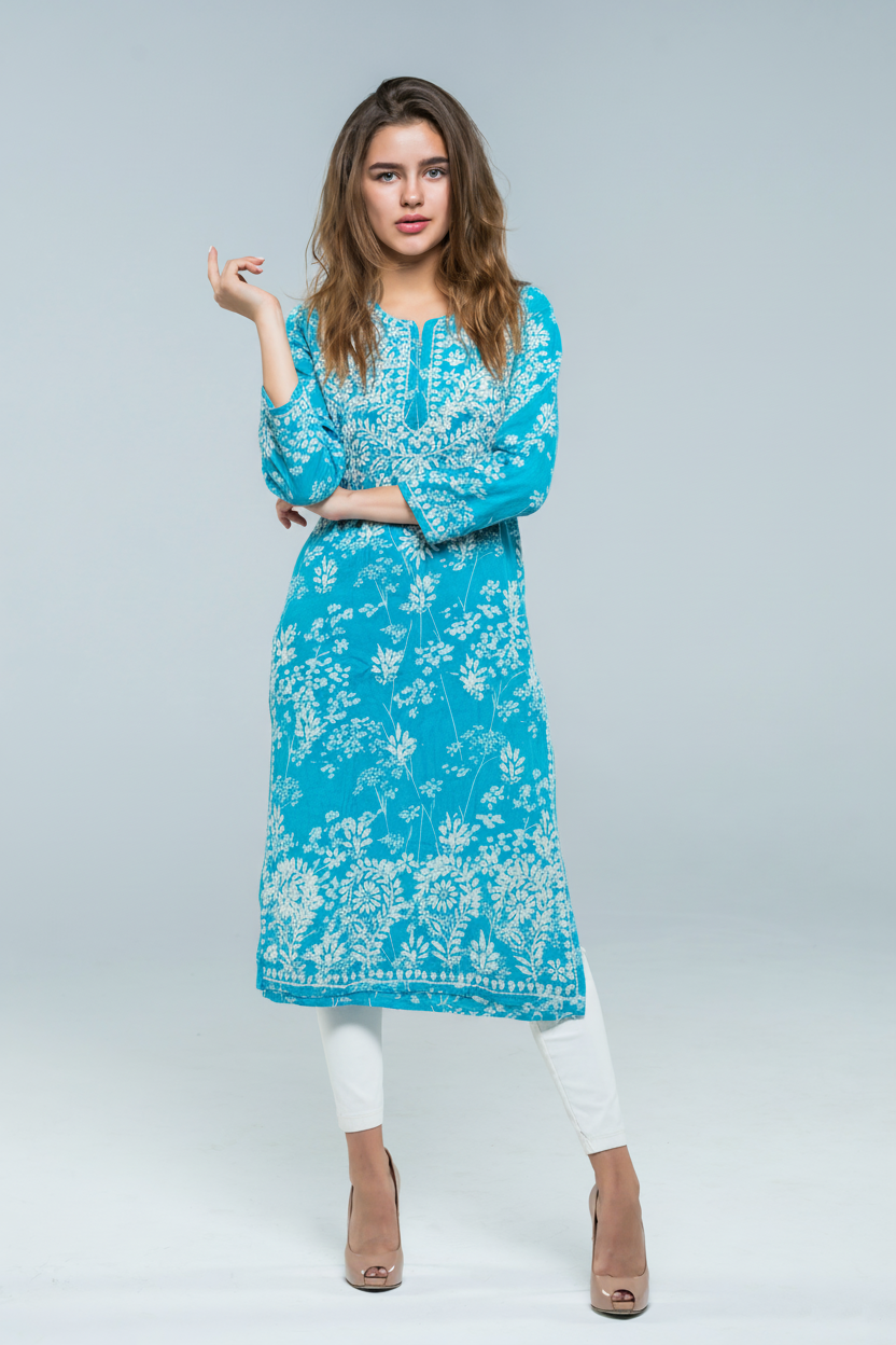 Mulmul Chikankari Turquoise Blue Printed Kurti