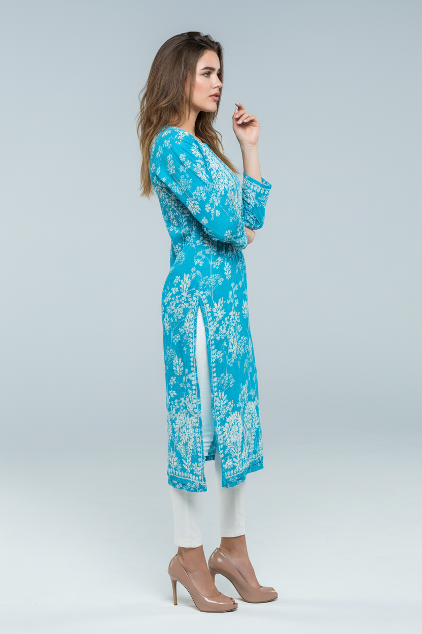 Mulmul Chikankari Turquoise Blue Printed Kurti