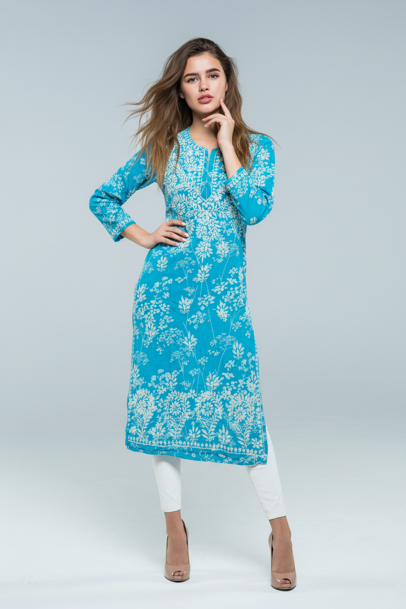 Mulmul Chikankari Turquoise Blue Printed Kurti