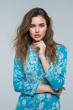 Mulmul Chikankari Turquoise Blue Printed Kurti