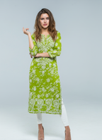 Mulmul Chikankari Fresh Olive Printed Kurti