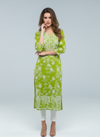 Mulmul Chikankari Fresh Olive Printed Kurti