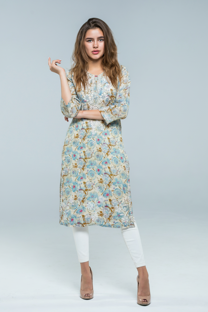 Mulmul Chikankari Pastel Beige Printed Kurti