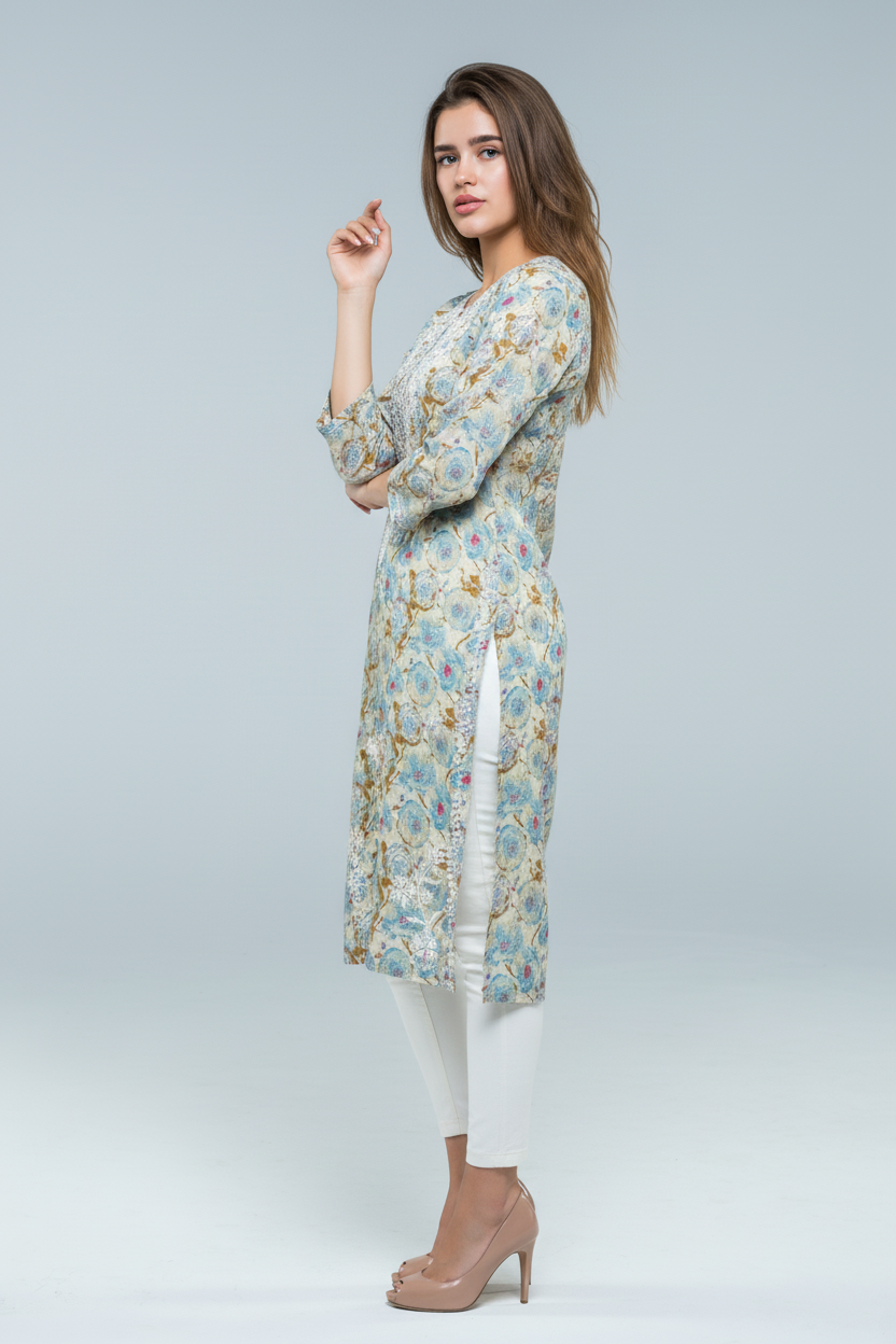 Mulmul Chikankari Pastel Beige Printed Kurti