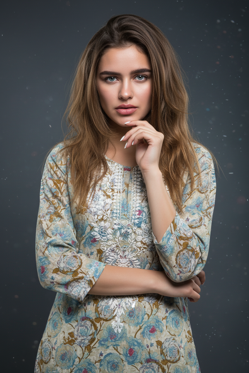 Mulmul Chikankari Pastel Beige Printed Kurti
