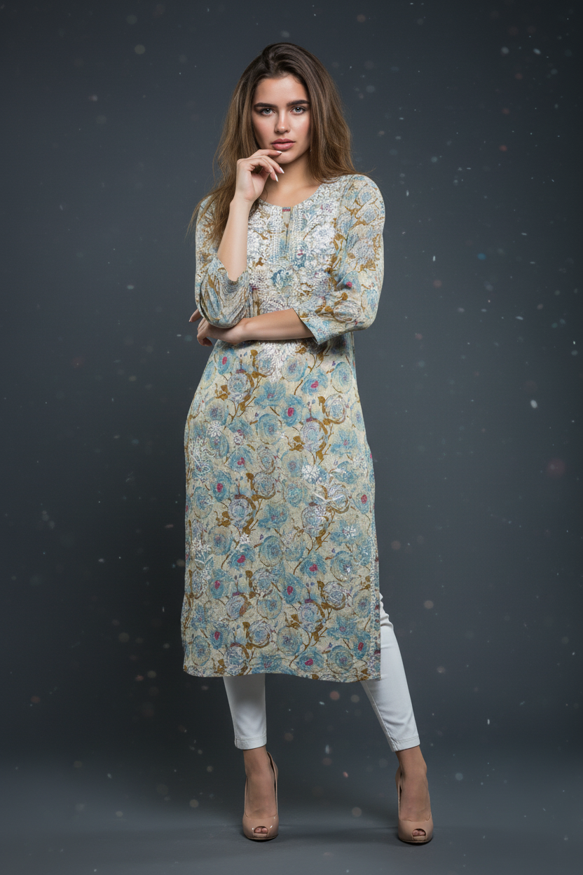 Mulmul Chikankari Pastel Beige Printed Kurti
