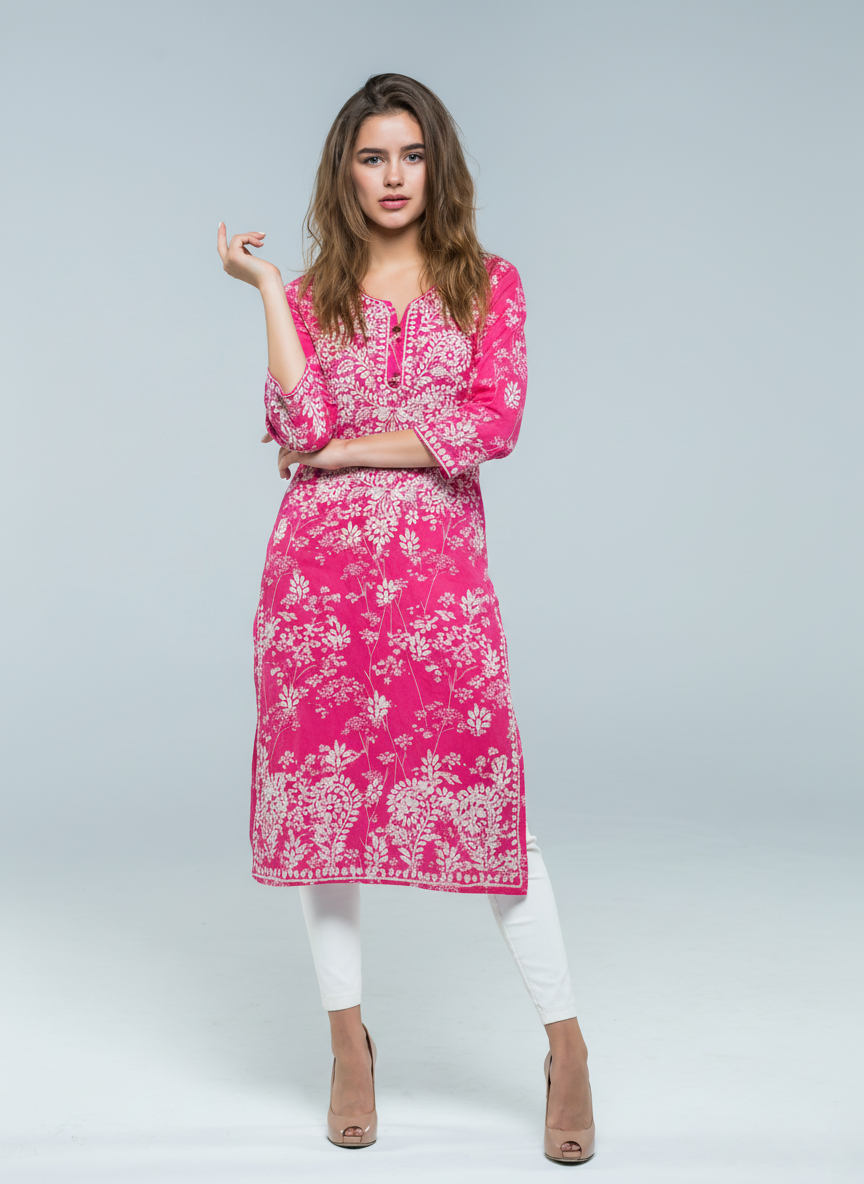 Mulmul Chikankari Fuchsia Pink Printed Kurti