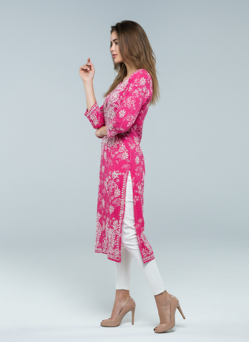 Mulmul Chikankari Fuchsia Pink Printed Kurti