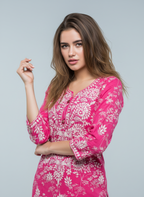 Mulmul Chikankari Fuchsia Pink Printed Kurti