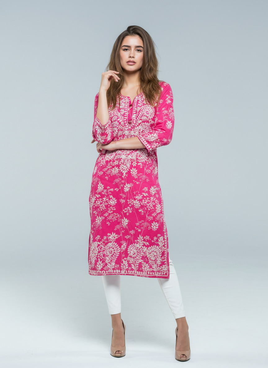 Mulmul Chikankari Fuchsia Pink Printed Kurti