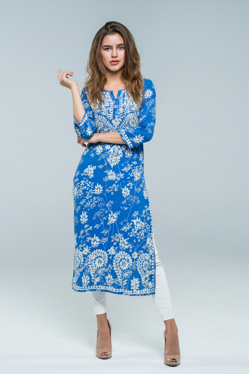 Mulmul Chikankari Sapphire Blue Printed Kurti