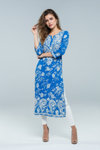 Mulmul Chikankari Sapphire Blue Printed Kurti