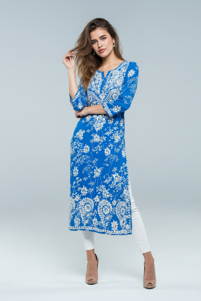 Mulmul Chikankari Sapphire Blue Printed Kurti
