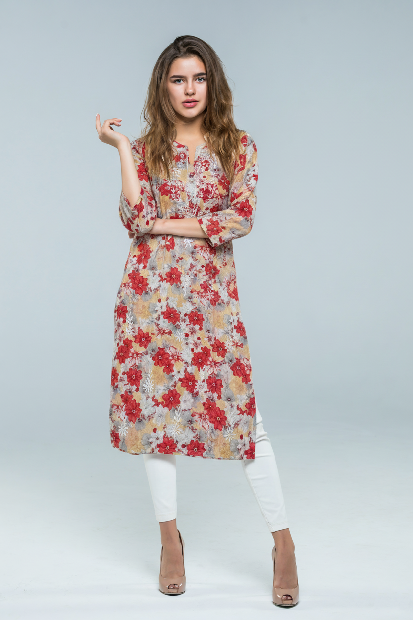 Mulmul Chikankari Beige Floral with red and grey blooms Printed Kurti