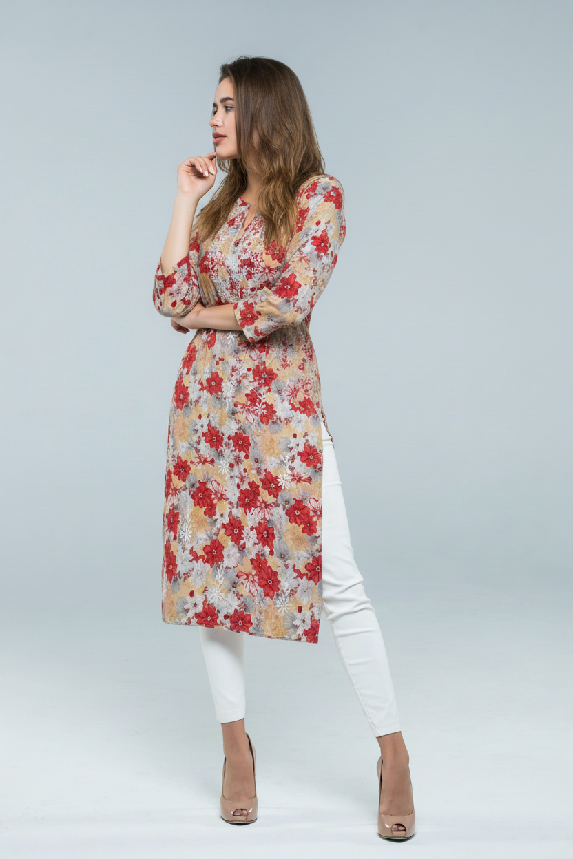 Mulmul Chikankari Beige Floral with red and grey blooms Printed Kurti