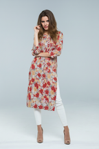 Mulmul Chikankari Beige Floral with red and grey blooms Printed Kurti