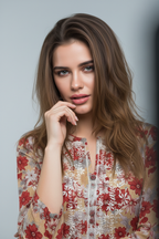 Mulmul Chikankari Beige Floral with red and grey blooms Printed Kurti