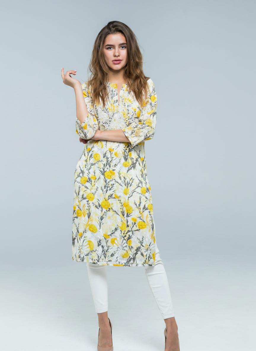 Mulmul Yellow Grey Floral Print Kurti