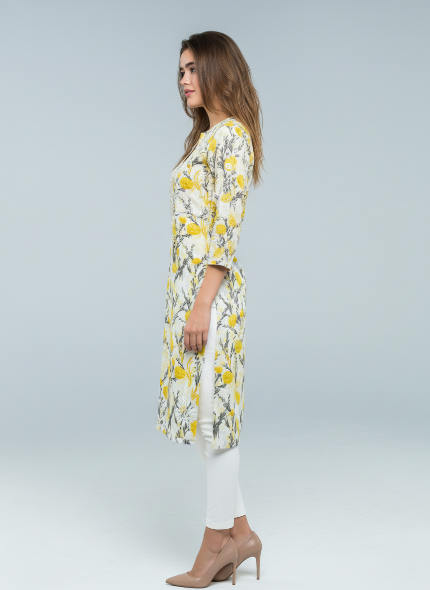 Mulmul Yellow Grey Floral Print Kurti