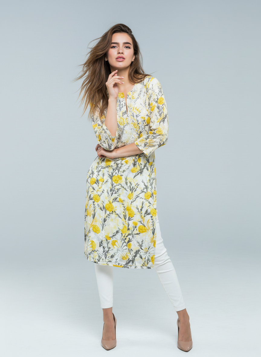 Mulmul Yellow Grey Floral Print Kurti