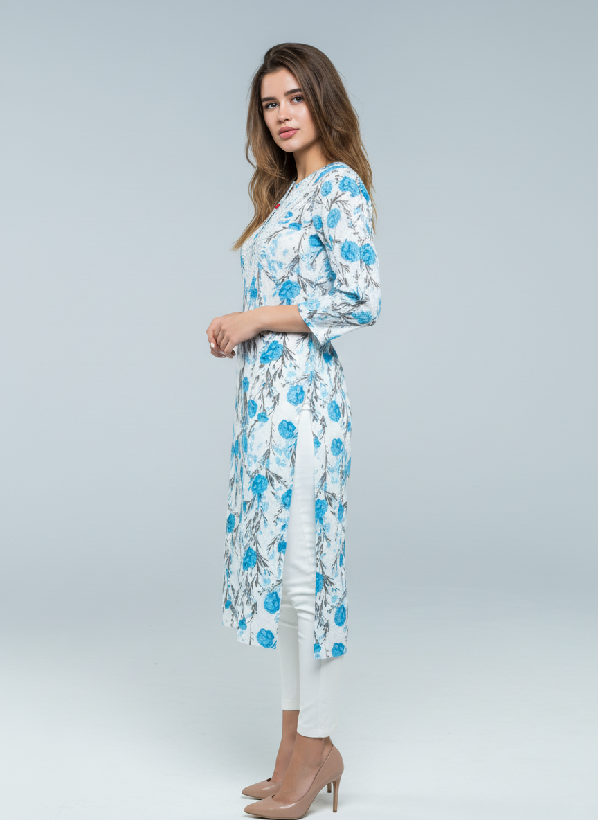 Mulmul Chikankari Aqua Bloom Printed Kurti