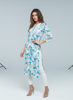 Mulmul Chikankari Aqua Bloom Printed Kurti